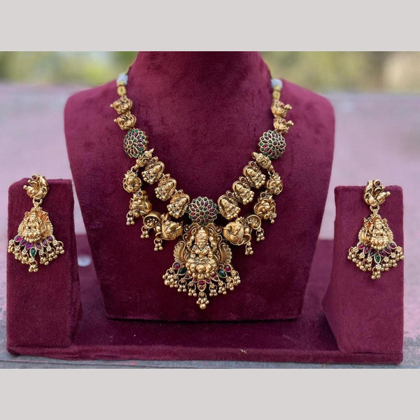 FS Collection Gold Plated Pota Stone Temple And Pearls Necklace Set