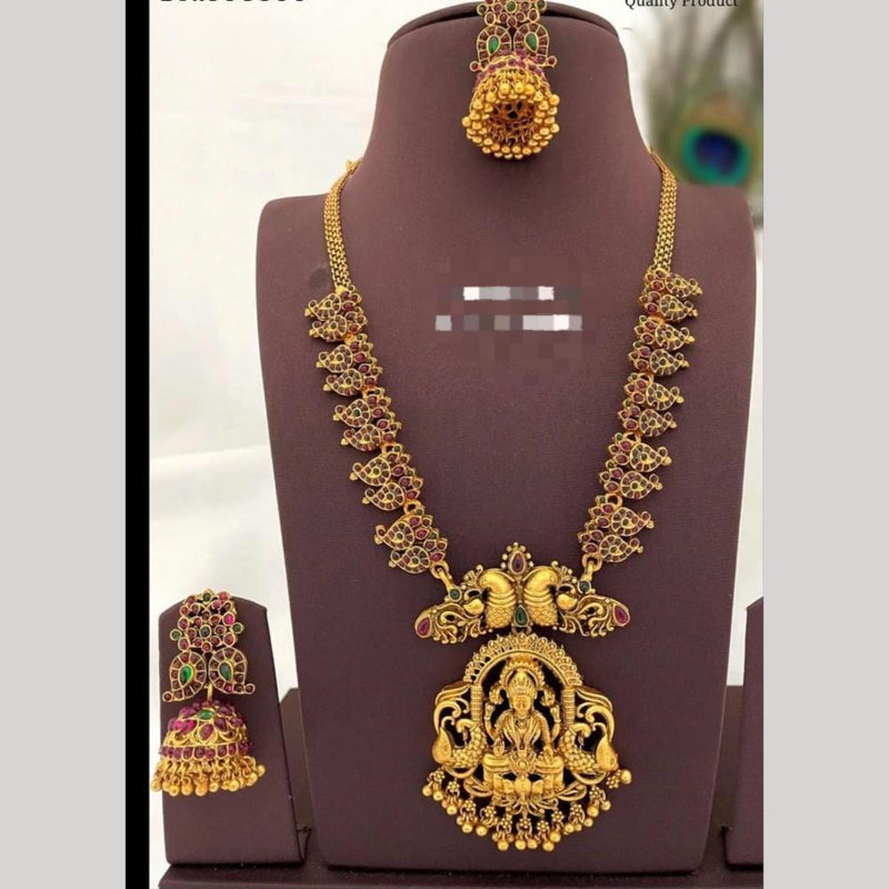 FS Collection Gold Plated Pota Stone Temple And Pearls Long Necklace Set