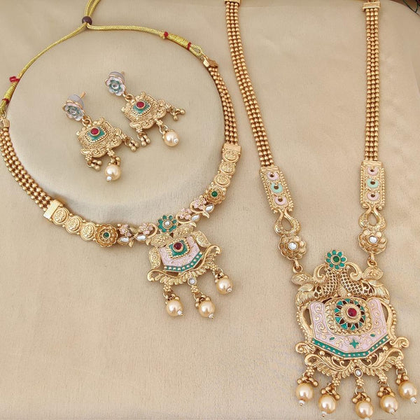 FS Collection Gold Plated Pota Stone And Meenakari Double Necklace Set