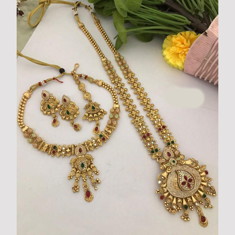 FS Collection Gold Plated Pota Stone And Meenakari Double Necklace Set