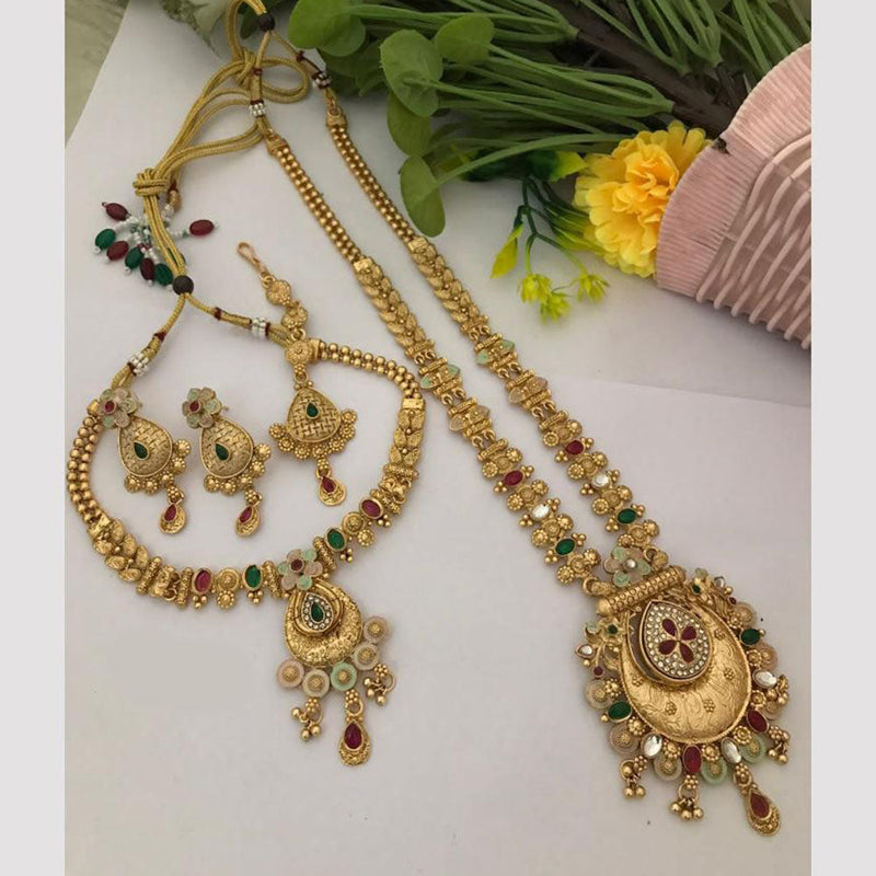 FS Collection Gold Plated Pota Stone And Meenakari Double Necklace Set