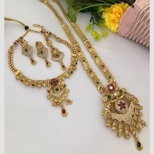 FS Collection Gold Plated Pota Stone And Meenakari Double Necklace Set