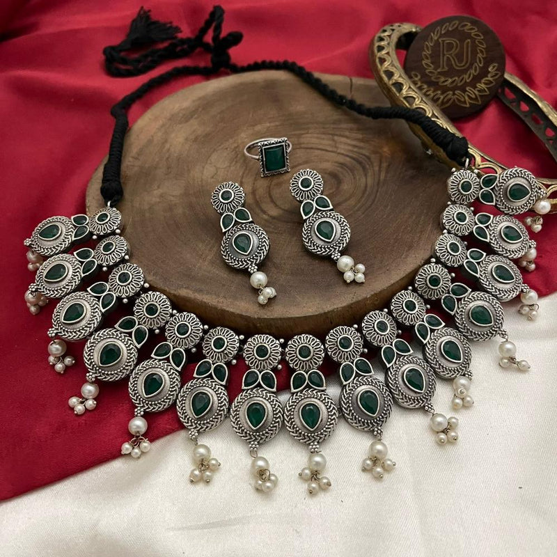 FS Collection Oxidised Plated Pota Stone And Pearls Necklace Set