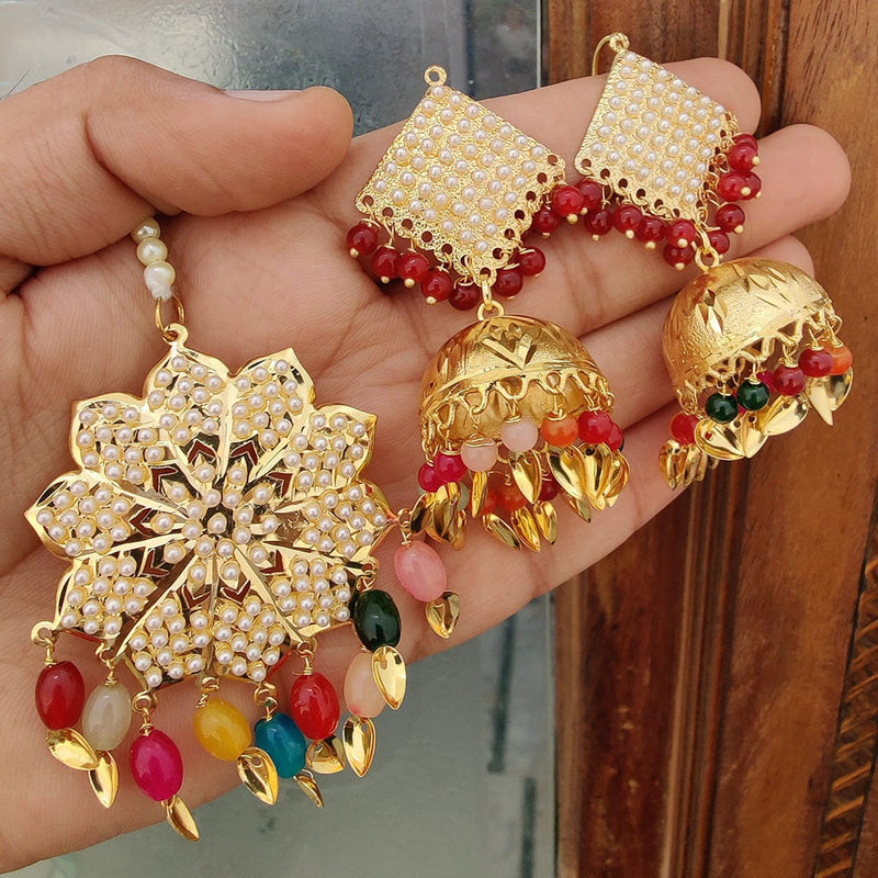 FS Collection Gold Plated Pearls Dangler Earrings With Maangtikka