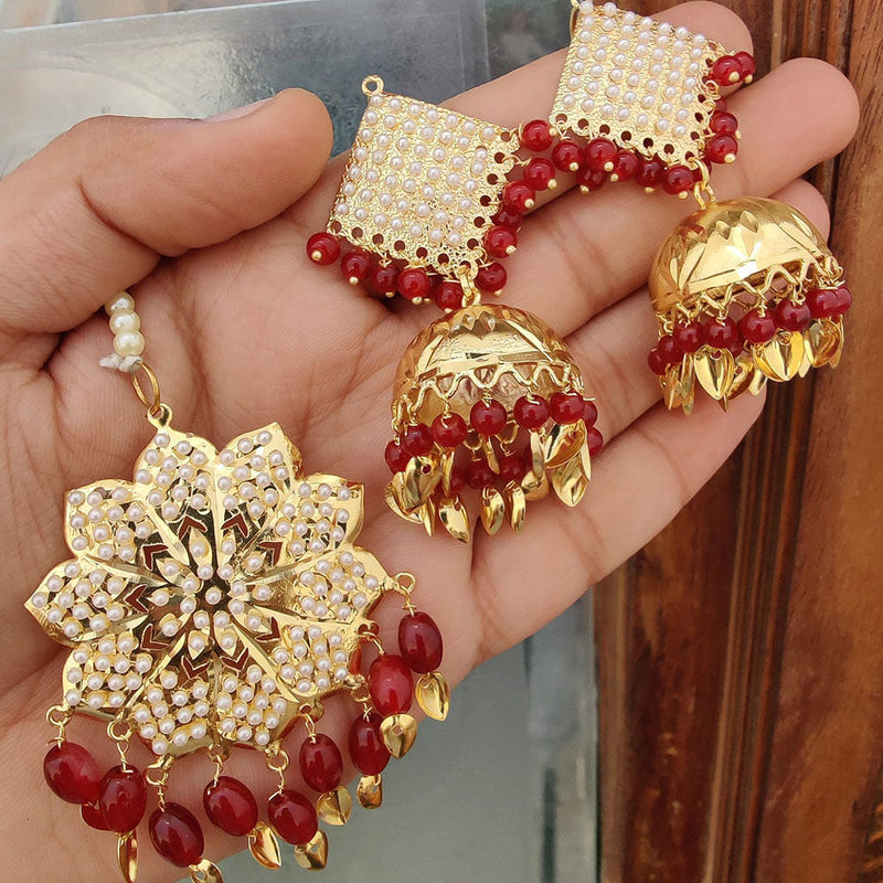 FS Collection Gold Plated Pearls Dangler Earrings With Maangtikka