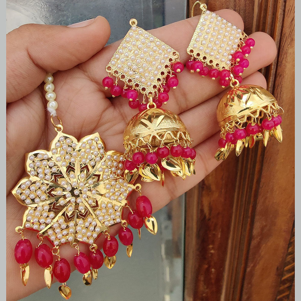 FS Collection Gold Plated Pearls Dangler Earrings With Maangtikka