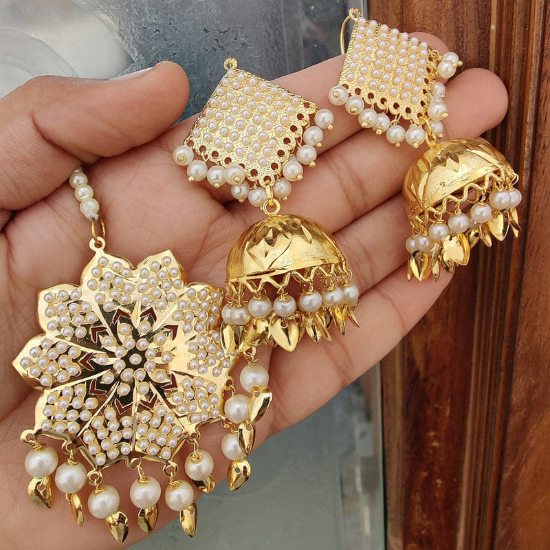 FS Collection Gold Plated Pearls Dangler Earrings With Maangtikka