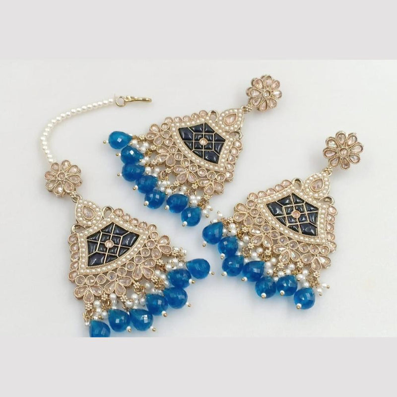 FS Collection Gold Plated Crystal Stone And Pearls Dangler Earrings With Maangtikka