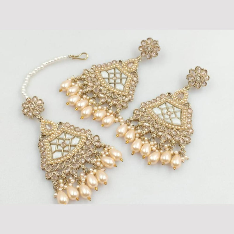 FS Collection Gold Plated Crystal Stone And Pearls Dangler Earrings With Maangtikka