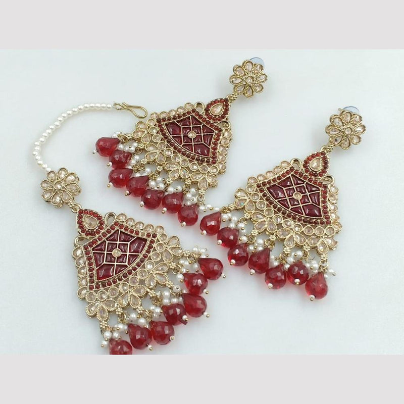 FS Collection Gold Plated Crystal Stone And Pearls Dangler Earrings With Maangtikka