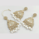 FS Collection Gold Plated Crystal Stone And Pearls Dangler Earrings With Maangtikka