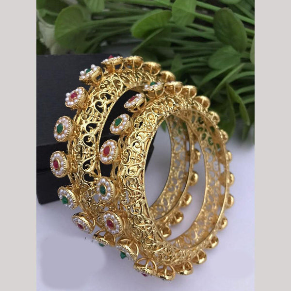 FS Collections Gold Plated Pota Stone And Pearls Bangles Set