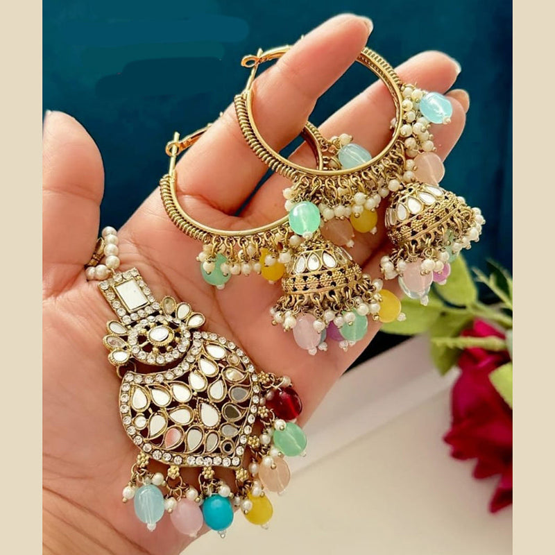 FS Collection Gold Plated Beads And Mirror Earring With Mangtikka