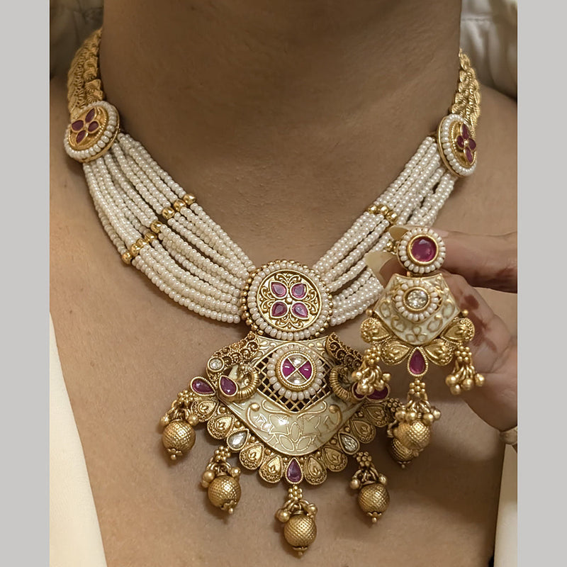 FS Collection Gold Plated Pota Stone And Pearls Meenakari Necklace Set