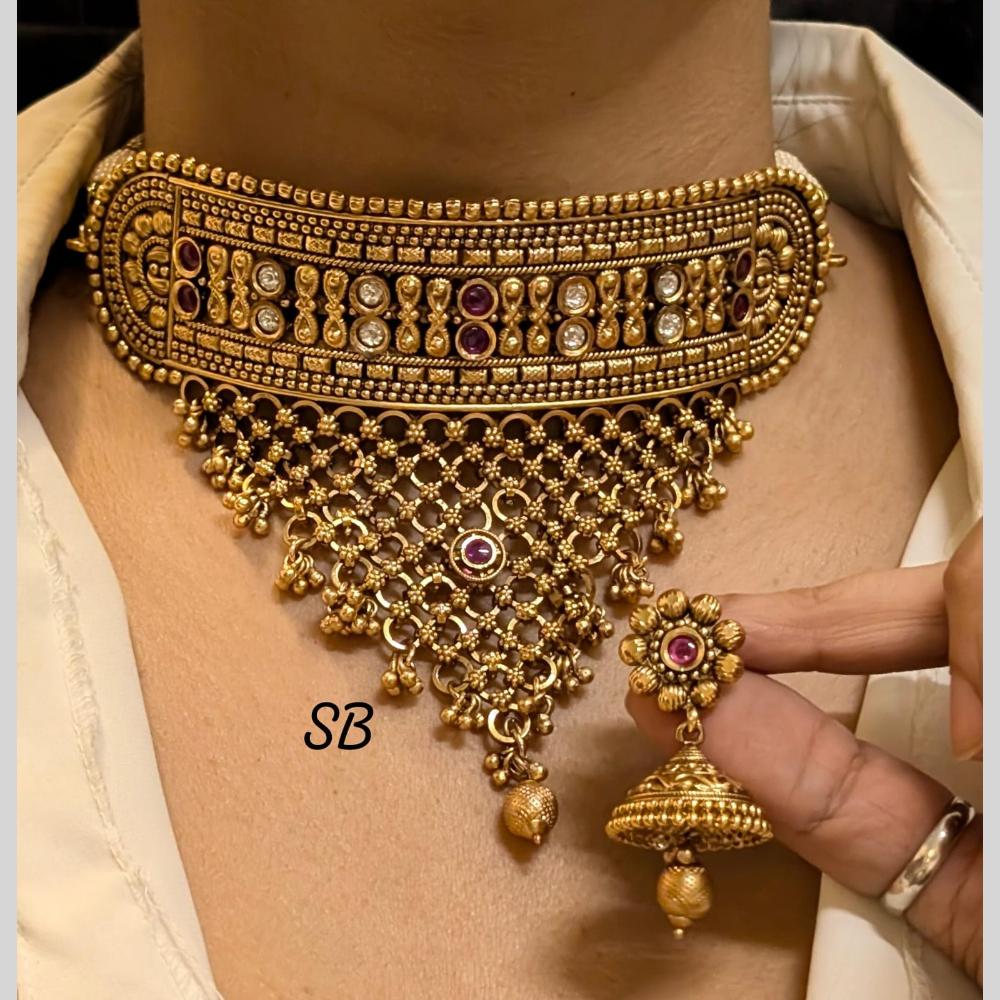FS Collection Gold Plated Pota Stone Choker Necklace Set