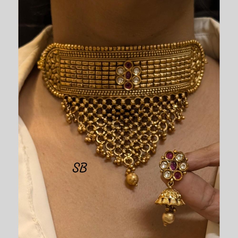 FS Collection Gold Plated Pota Stone Choker Necklace Set