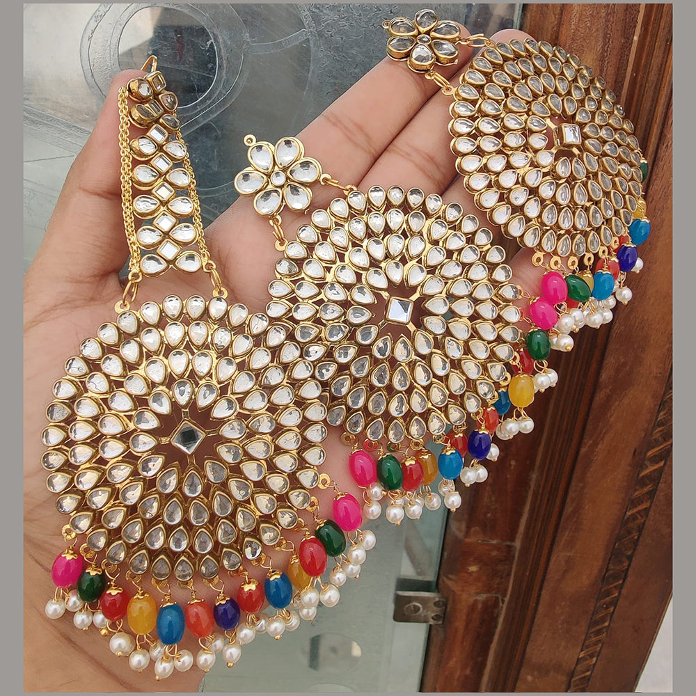 FS Collection Gold Plated Kundan Stone And Beads Dangler Earrings With Maangtikka
