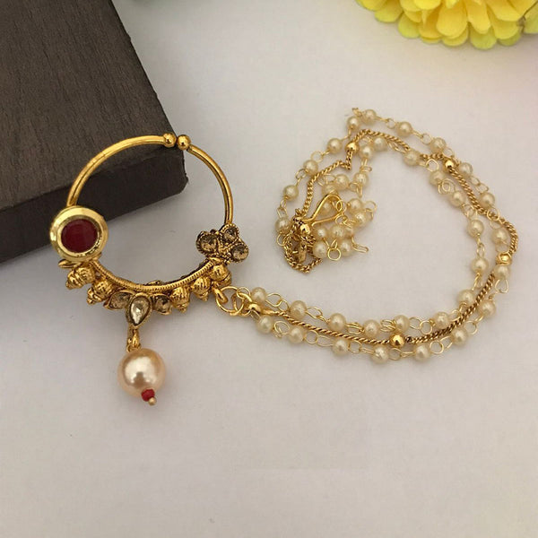 FS Collection Gold Plated Crystal Stone And Pearls Nose Ring