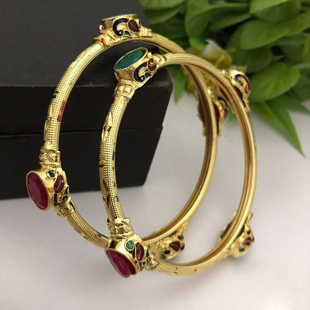 FS Collection Gold Plated Pota Stone And Meenakari Bangle Set