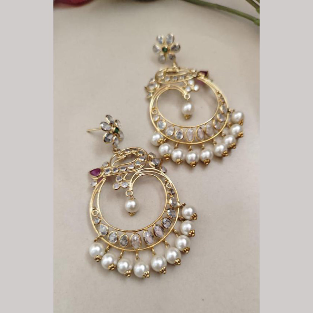 FS Collection Gold Plated Crystal Stone And Pearls Dangler Earrings