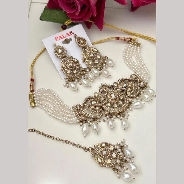 FS Collection Gold Plated Crystal Stone and Beads Choker Necklace Set