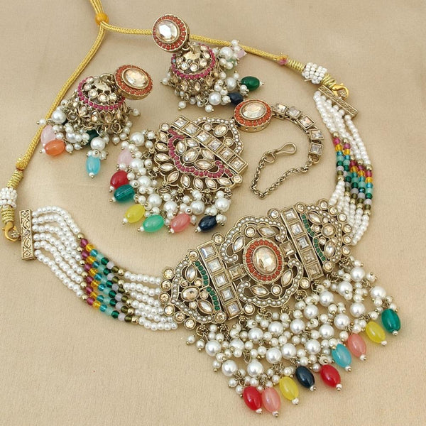 FS Collection Gold Plated Crystal Stone and Beads Choker Necklace Set