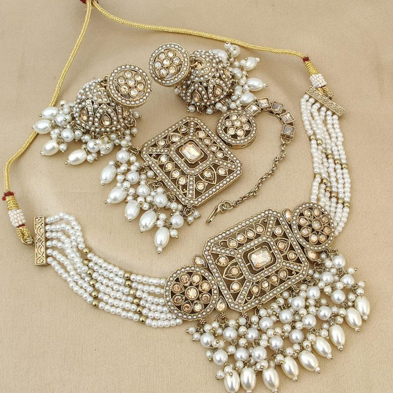 FS Collection Gold Plated Crystal Stone and Beads Choker Necklace Set