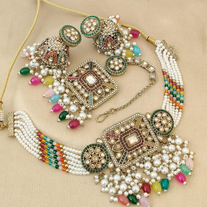 FS Collection Gold Plated Crystal Stone and Beads Choker Necklace Set