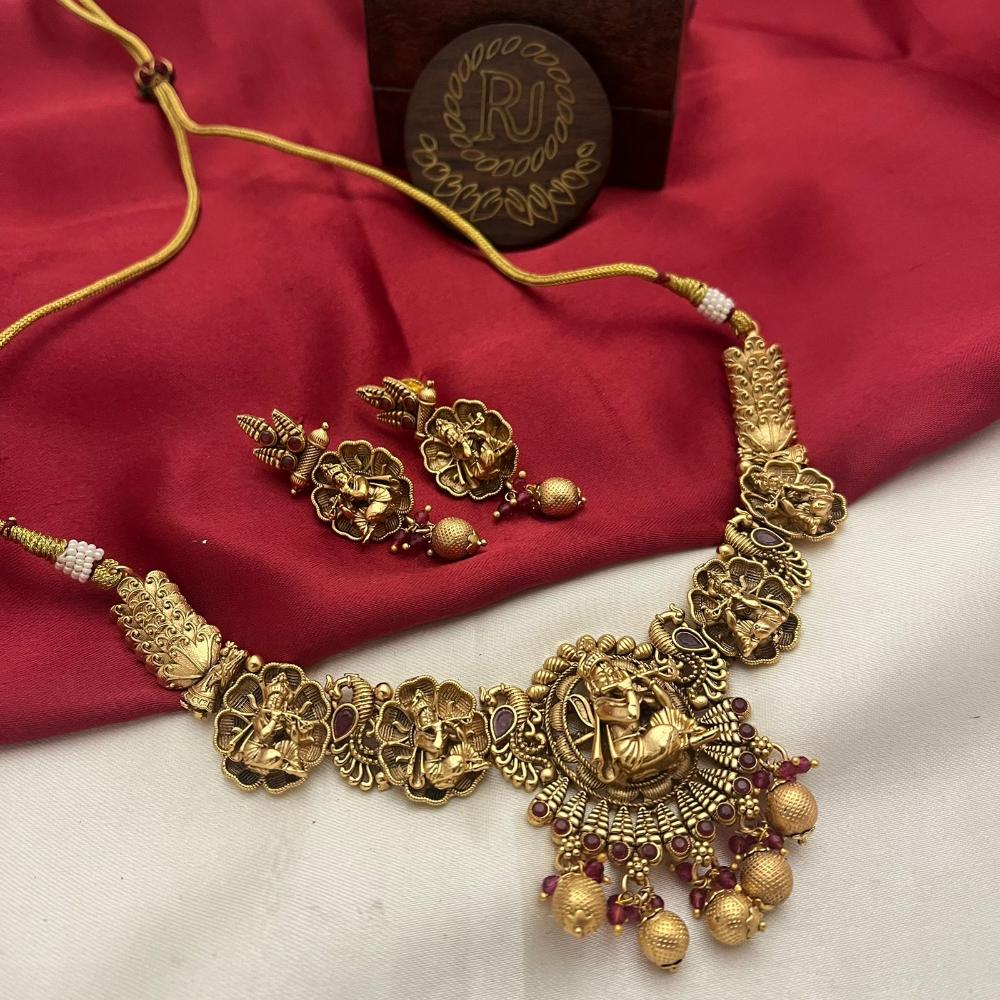 FS Collection Gold Plated Pota Stone and Pearls Temple Necklace Set