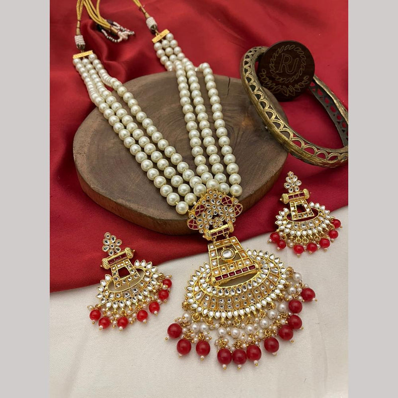 FS Collection Gold Kundan Stone And Beads Long Necklace Set