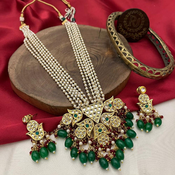 FS Collection Gold Kundan Stone And Beads Long Necklace Set