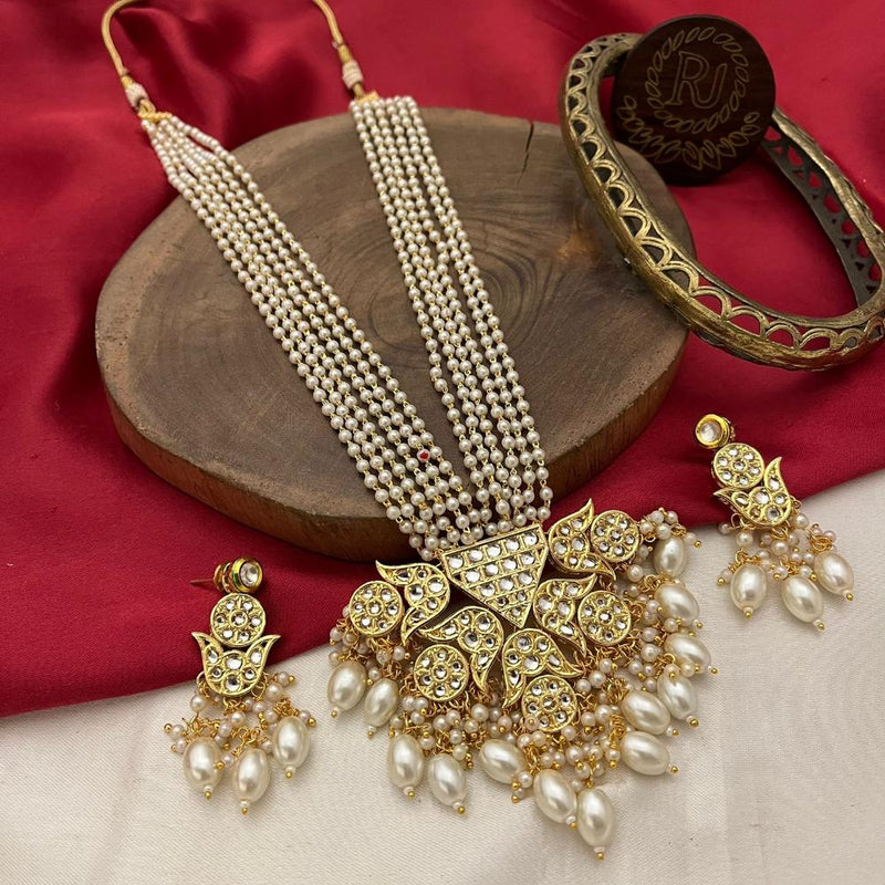 FS Collection Gold Kundan Stone And Beads Long Necklace Set