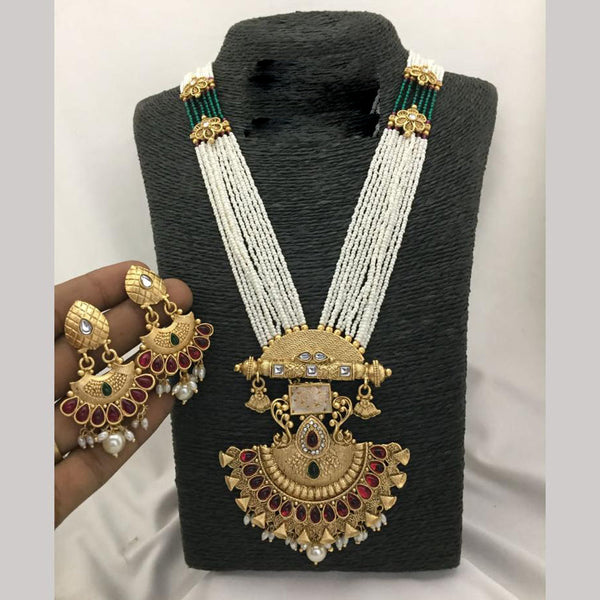 FS Collection Gold Kundan Stone And Beads Meenakari Long Necklace Set