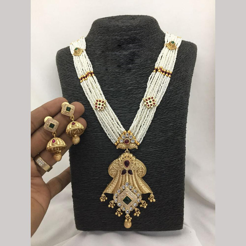 FS Collection Gold Kundan Stone And Beads Meenakari Long Necklace Set