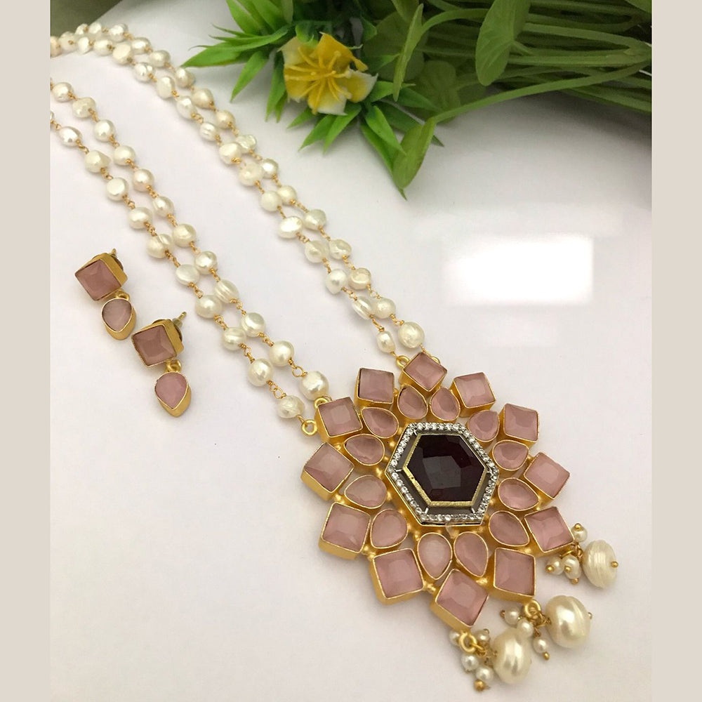 FS Collection Gold Plated Pearl And Crystal Stone Necklace Set