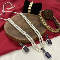 FS Collection Silver Plated American Diamond And Beads Long Necklace Set