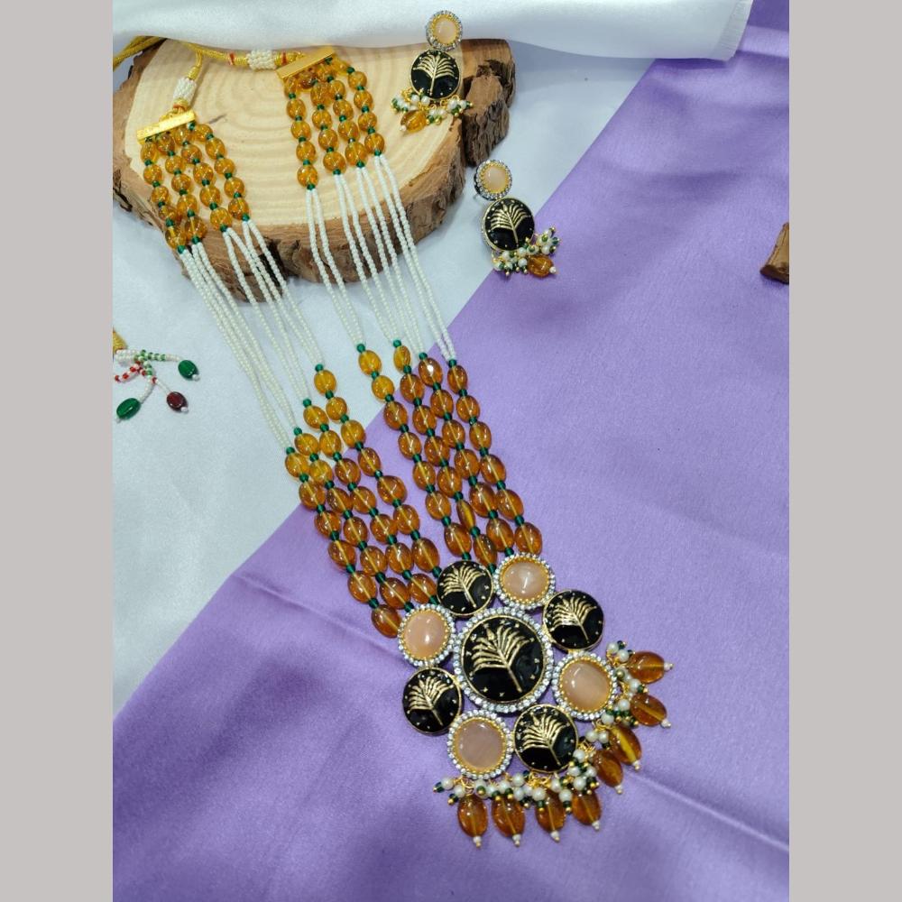 FS Collection Gold Plated Austrian Stone And Beads Long Necklace Set