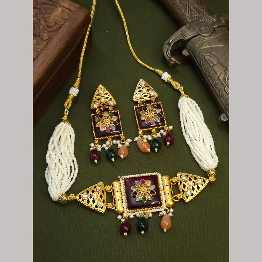 FS Collection Pota Stone And Kundan Choker Necklace Set