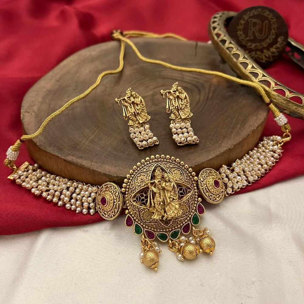 FS Collection Traditional Pota Stone And Pearl Temple Choker Necklace Set