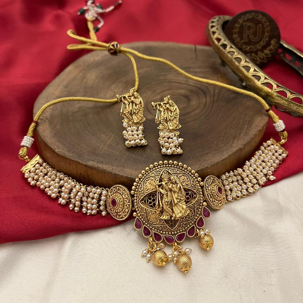 FS Collection Traditional Pota Stone And Pearl Temple Choker Necklace Set
