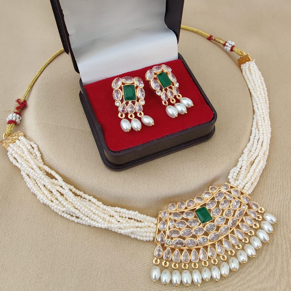 FS Collection Glamorous Gold Plated Necklace Set with Crystals & Pearls