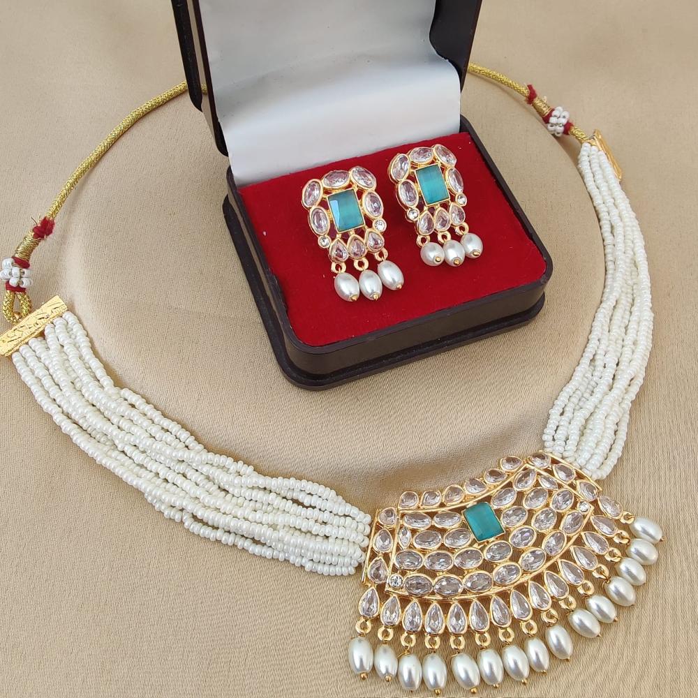 FS Collection Glamorous Gold Plated Necklace Set with Crystals & Pearls