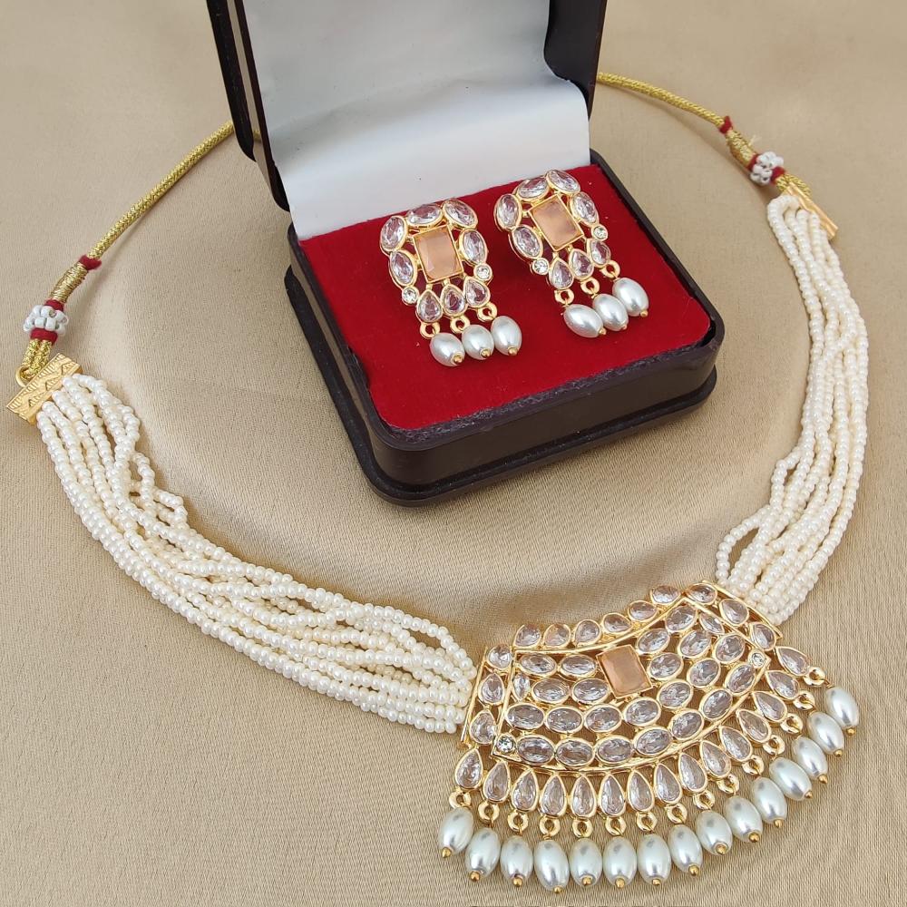 FS Collection Glamorous Gold Plated Necklace Set with Crystals & Pearls