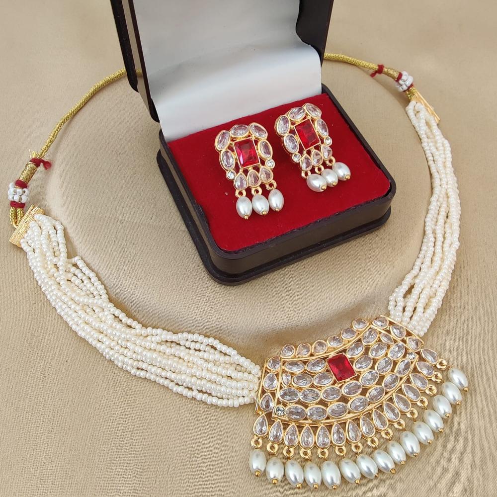 FS Collection Glamorous Gold Plated Necklace Set with Crystals & Pearls