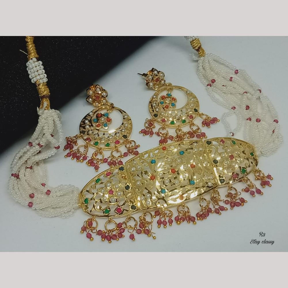 FS Collection Stunning Gold Plated Choker Necklace Set with Austrian Stones & Pearls