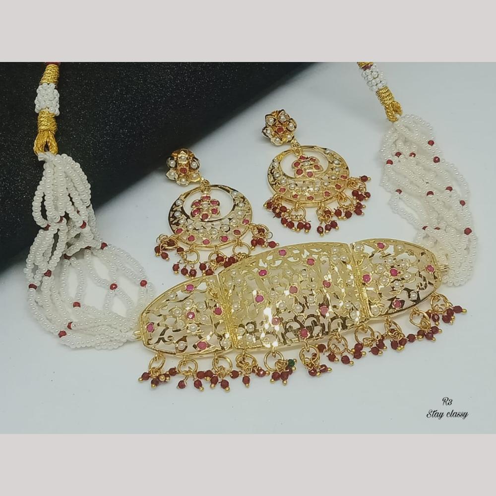 FS Collection Stunning Gold Plated Choker Necklace Set with Austrian Stones & Pearls