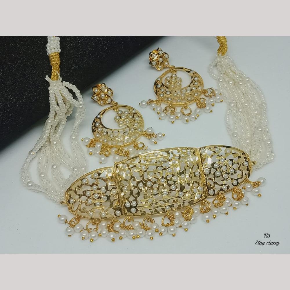 FS Collection Stunning Gold Plated Choker Necklace Set with Austrian Stones & Pearls