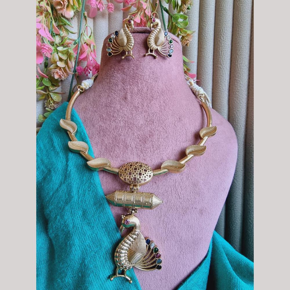 FS Collection Elegant Gold Plated Pota Peacock Necklace Set