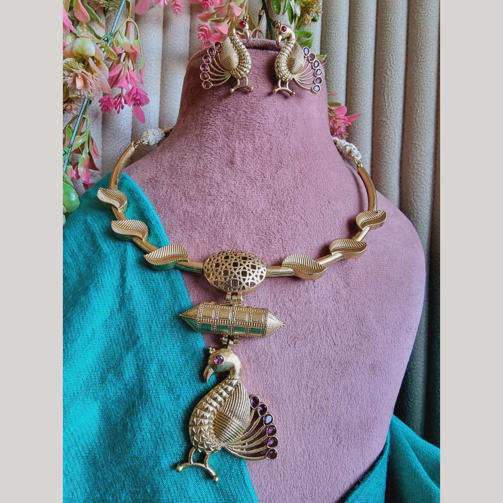 FS Collection Elegant Gold Plated Pota Peacock Necklace Set