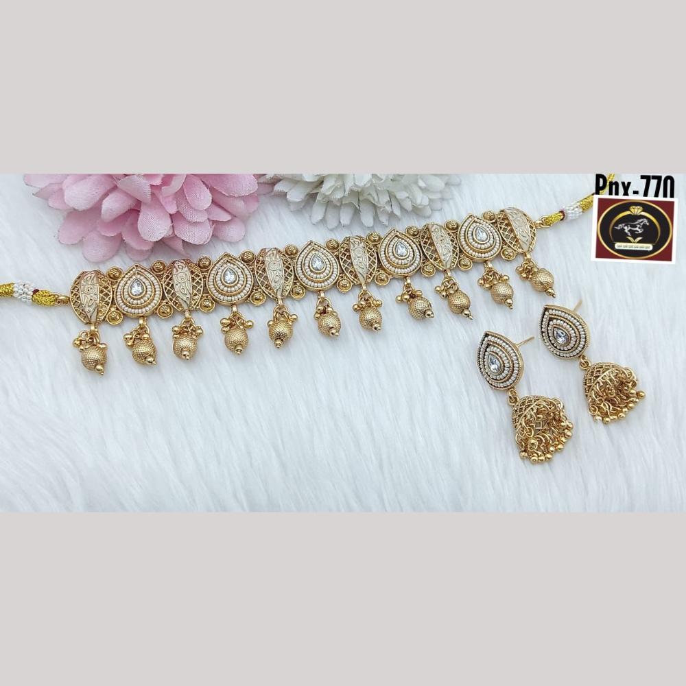 FS Collection Timeless Gold Plated Pota and Pearls Choker Necklace Set